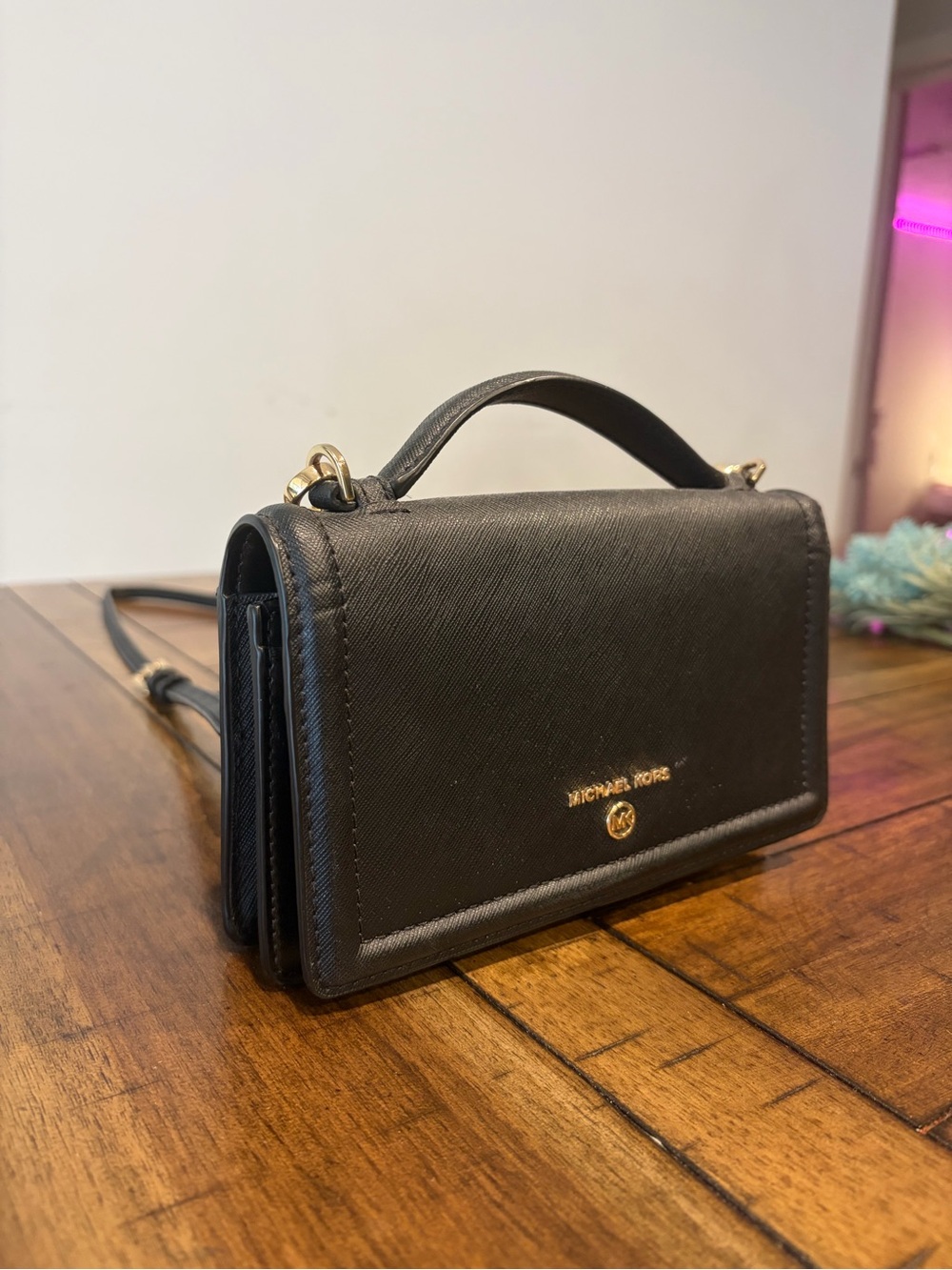 Michael Kors Black Saffiano Leather Crossbody with Gold Hardware